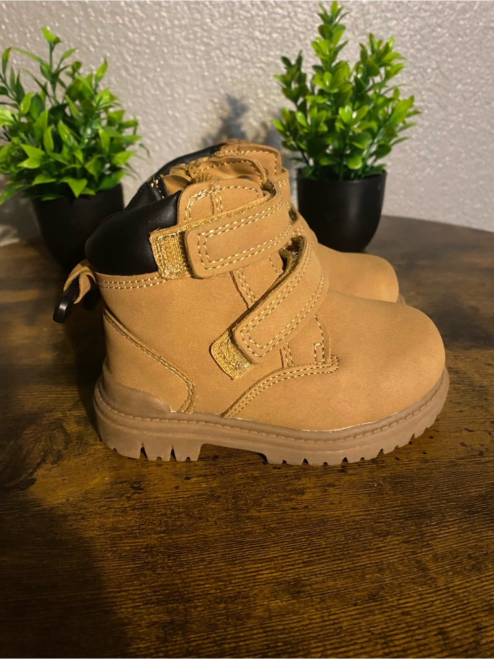 Tan Kids Hook-and-Loop Boots with Black Collar